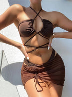 Women Split Swimsuit Solid Color Sexy Bandage Pleating Three Piece Sexy Bikini Wing Lok