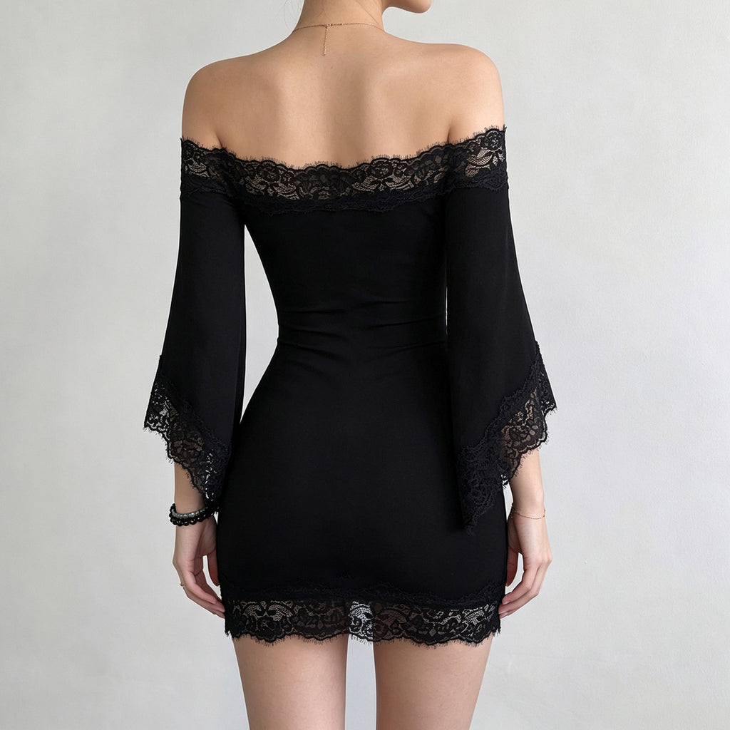 Sexy Woman Lace Stitching off Shoulder Dress Adult Lady like Woman Bell Sleeve Hip Dress LingSharp
