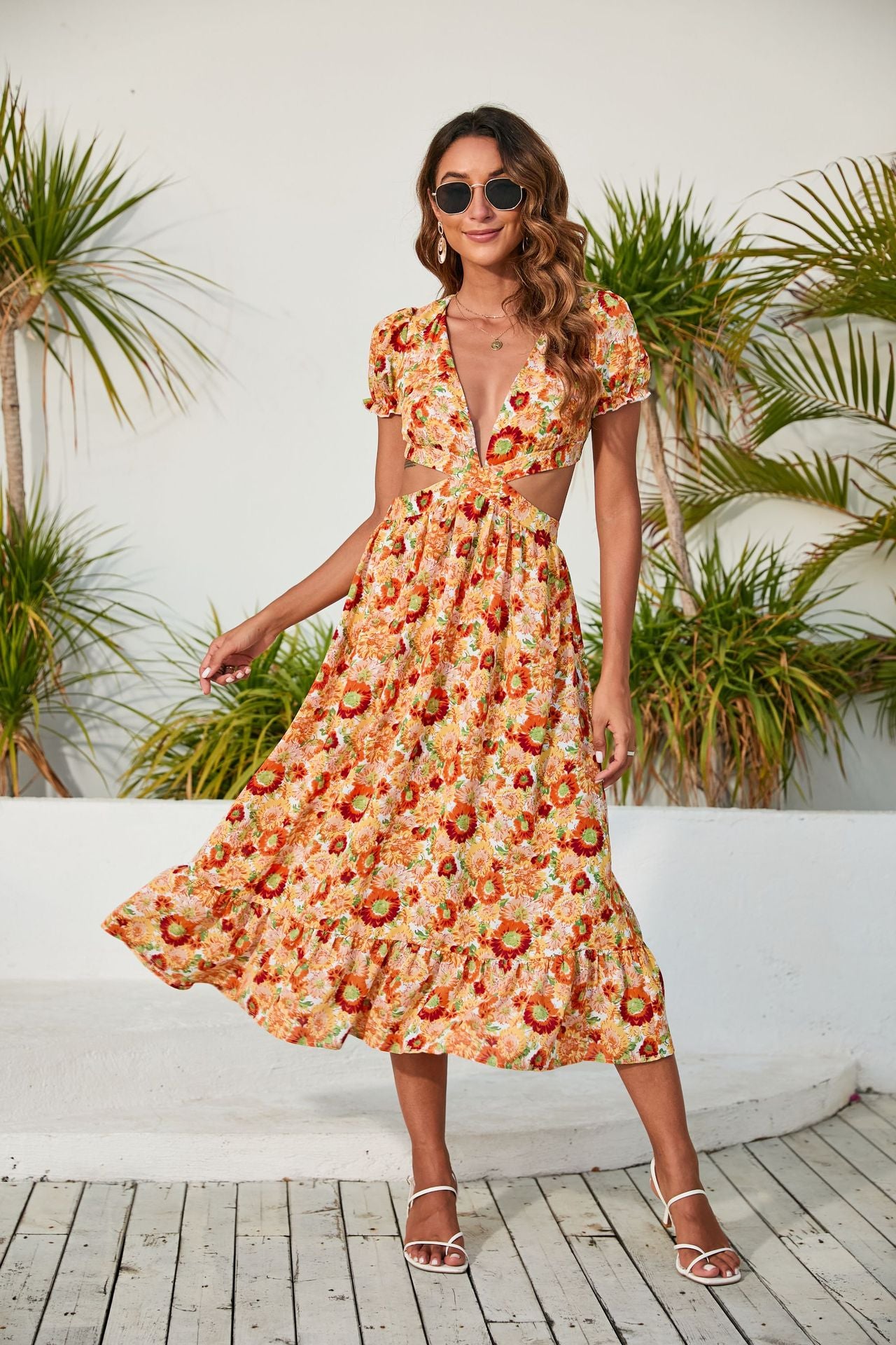 Spring Summer Women Clothing V Neck Printed Dress Backless Midi Dress Inly