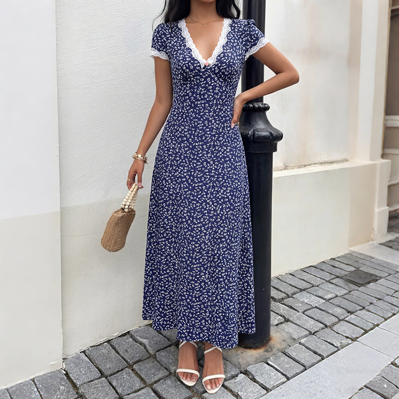 Sweet Vacation Lace V neck Patchwork Short Sleeve Floral Dress HUNDRED