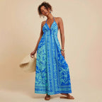 Summer V neck Backless Sexy Positioning Printed Burnt Floral Dress XUYUN