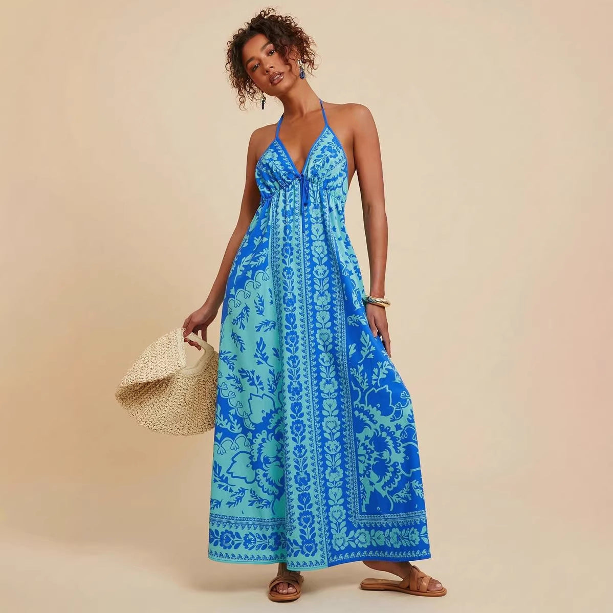 Summer V neck Backless Sexy Positioning Printed Burnt Floral Dress XUYUN