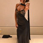 Robe de soirée sexy en dentelle avec col en V et dos nu et écharpe