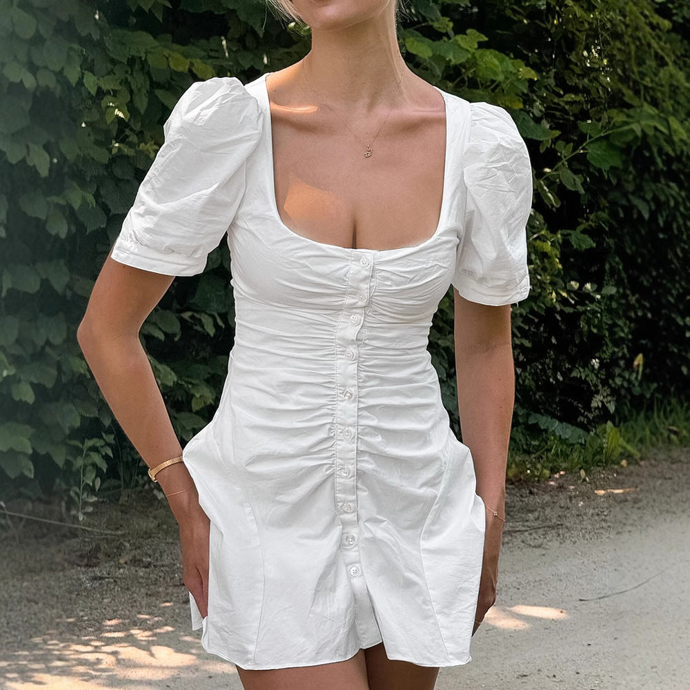 Cotton White U Collar High Waist Puff Sleeve Dress Summer Short Dress Women FOREVEREIGHTEEN