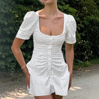 Cotton White U Collar High Waist Puff Sleeve Dress Summer Short Dress Women FOREVEREIGHTEEN