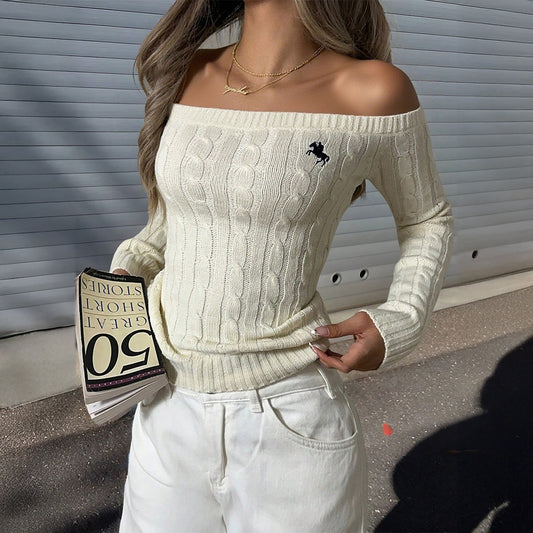 Minimalist off the Shoulder Long Sleeve Sweater Woolen Women Clothing Autumn Winter
