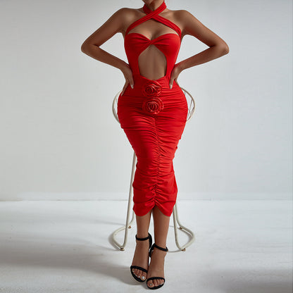 Fashionable Floral Cross Halter Hollow Out Cutout Sexy Chest lattering Dress Elegant Holiday Pleated Hip Dress for Women