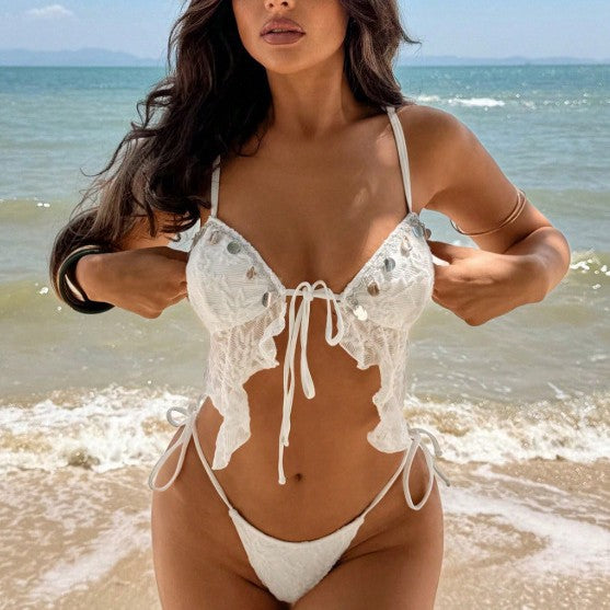 Summer Women Lace Sequ Spaghetti Strap Sexy Beach Vacation Bikini Swimsuit OLam