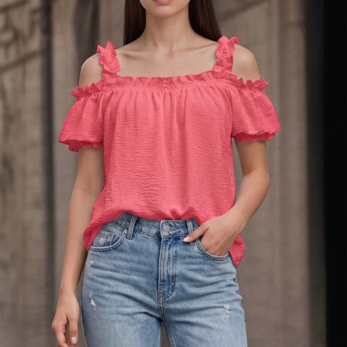 All Match Solid Color V neck Ruffled off the Shoulder Casual Sling Top AXE