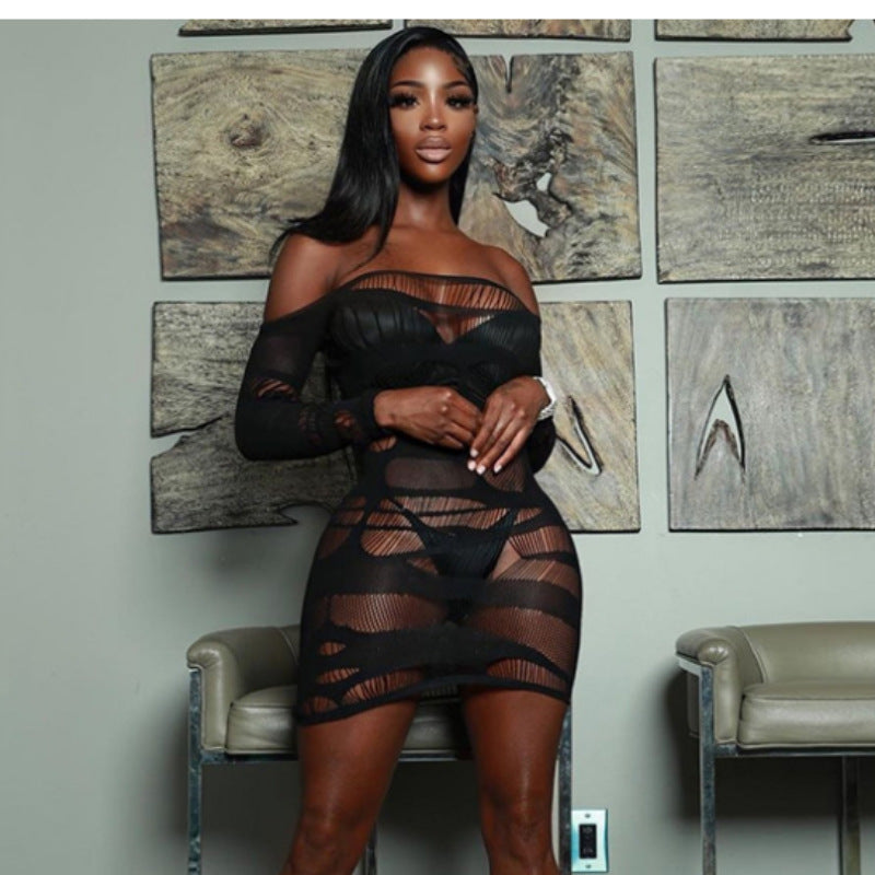 Robe sexy unie à manches longues, découpes ajourées, coutures en résille transparentes sur les hanches