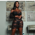 Robe sexy unie à manches longues, découpes ajourées, coutures en résille transparentes sur les hanches