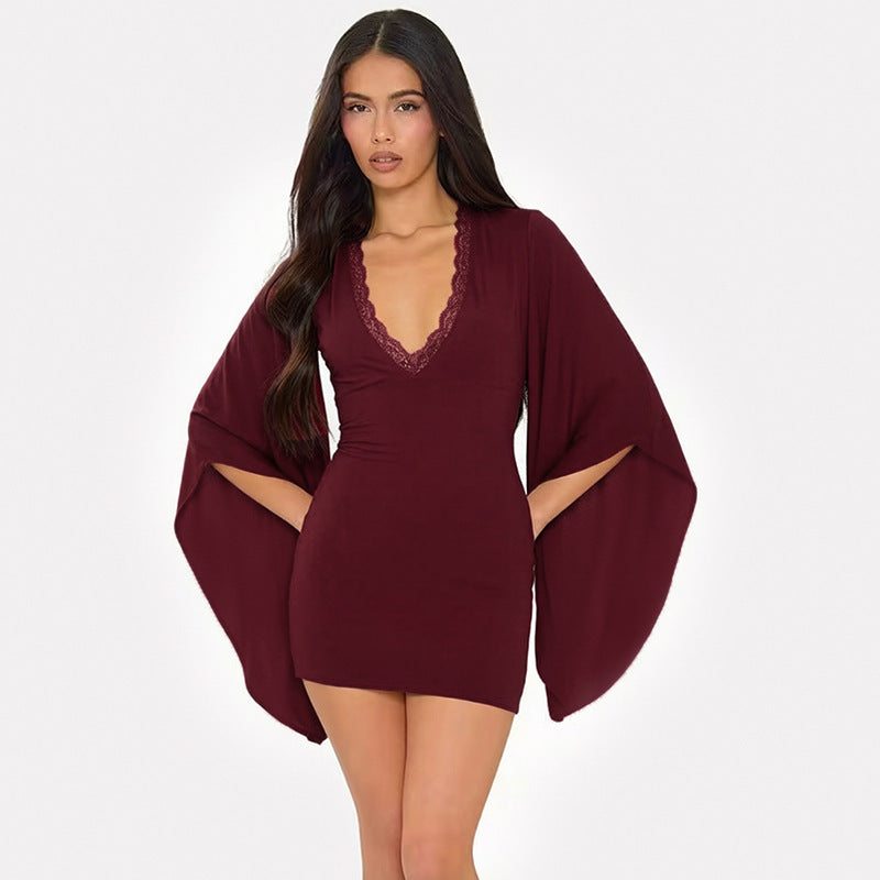 Women Clothing Autumn Solid Color Casual Lace Flared Long Sleeve Bodycon Dress HONEYBADGER