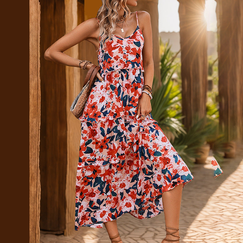 Summer Women Wear High Sense Print Holiday Sling Dress HUNDRED