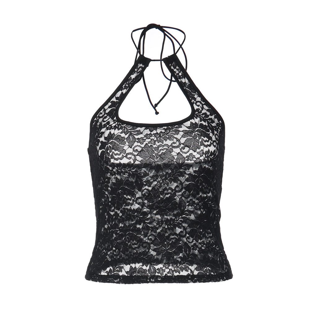 Top de verano sexy de encaje con cuello halter y espalda descubierta para mujer