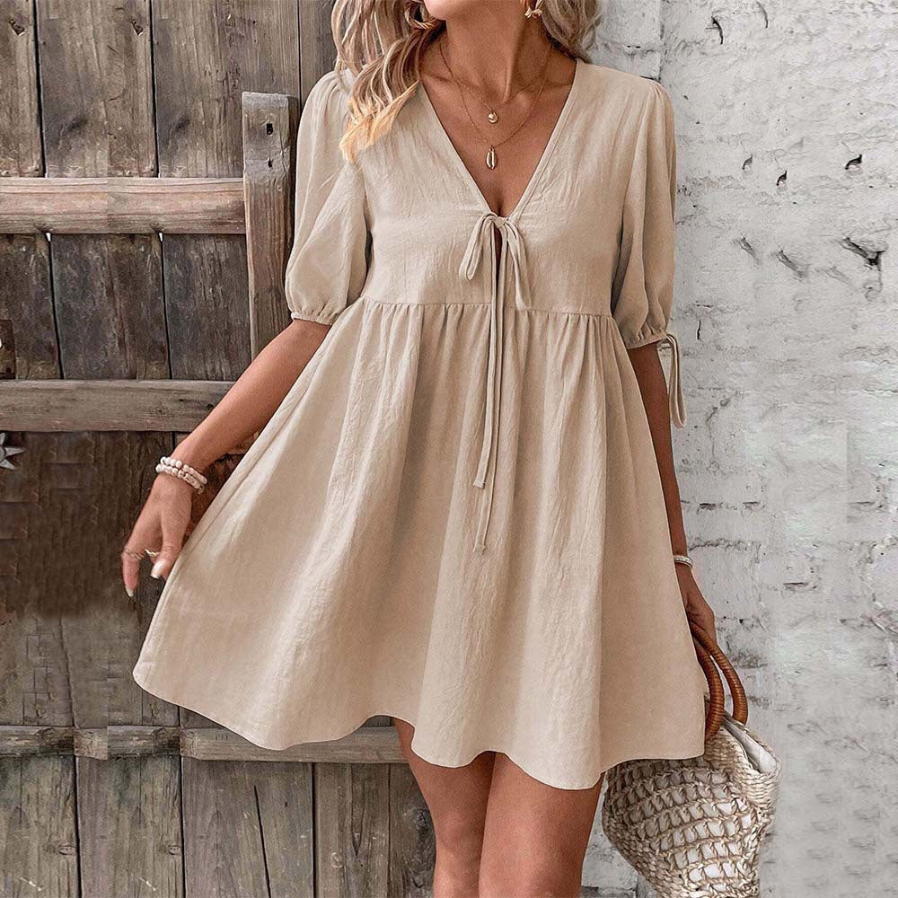 Elegant Loose Woven Deep V Plunge neck Design Chest Lace up A line Dress Yiskiss