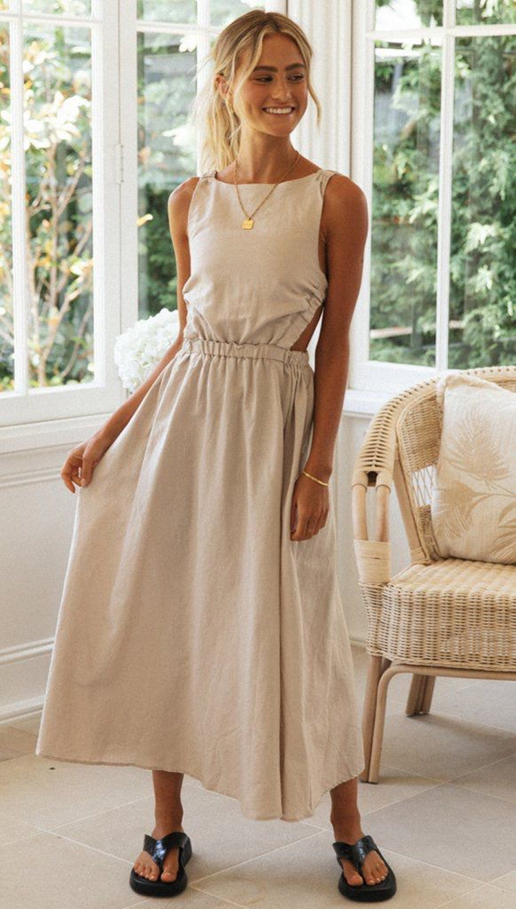 Women Solid Color Sleeveless round Neck Sexy Backless Maxi Dress Large Swing Dress VIVIAN