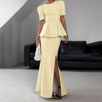 Side Slit Skirt Set Women round Neck Short Sleeve Top Office Two Piece Set Kigali
