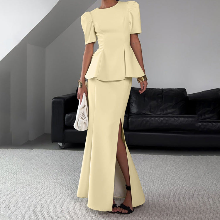 Side Slit Skirt Set Women round Neck Short Sleeve Top Office Two Piece Set Kigali