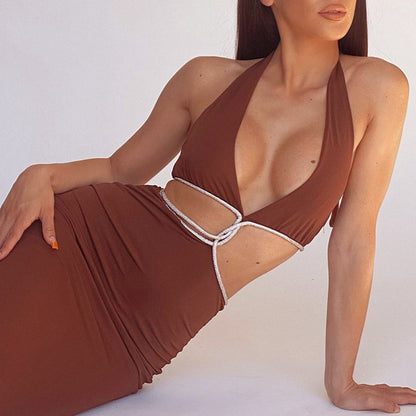 Sexy Cropped Outfit Halter Diamond Rope Maxi Dress Women