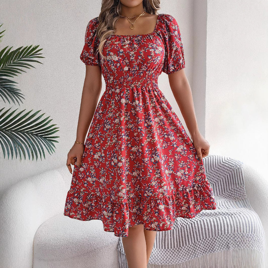 Spring Summer Floral Square Collar Short Sleeve Waist Controlled Ruffled A line Women Clothing BAGIISA