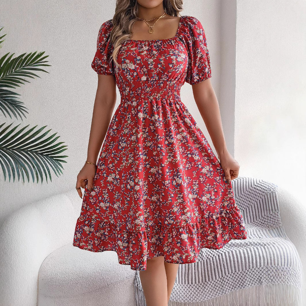 Spring Summer Floral Square Collar Short Sleeve Waist Controlled Ruffled A line Women Clothing BAGIISA