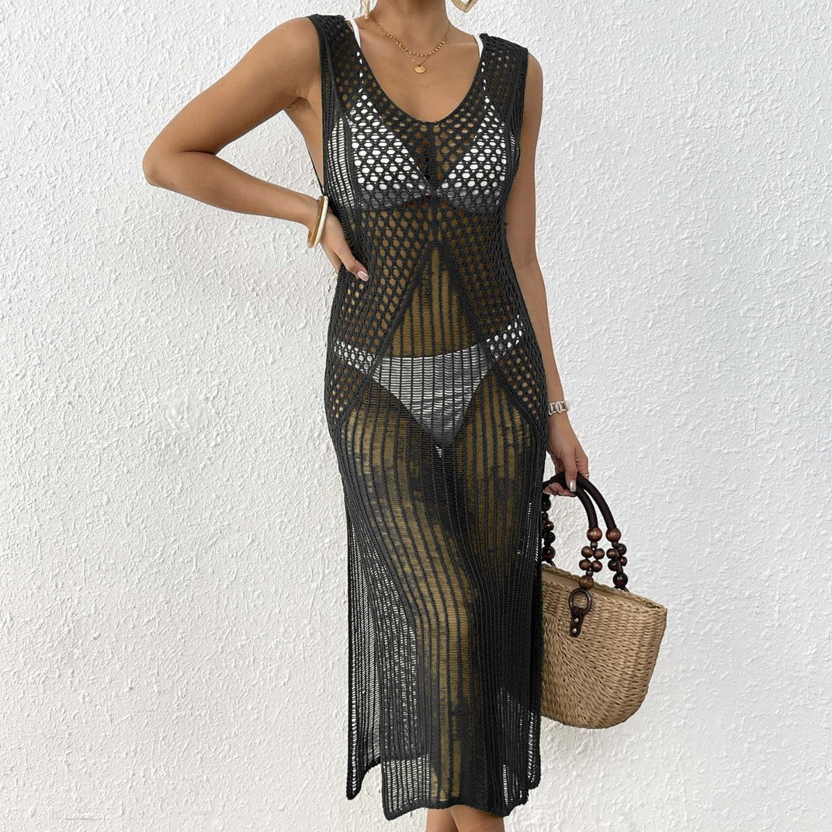 Women Holiday Beach Dress Women Clothing Hollow Out Cutout Woven Shirt Vest Dress Long Dress Sexy Slit Dress Oyimi
