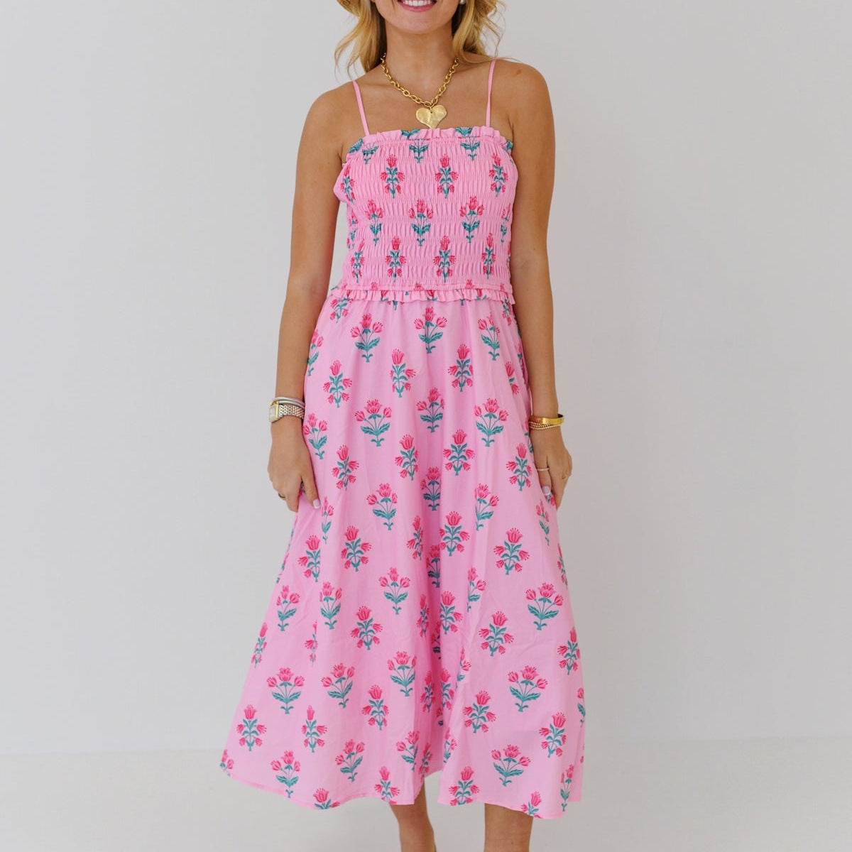 Women Urban Casual Printed Floral Pleated Sling Dress Eedele