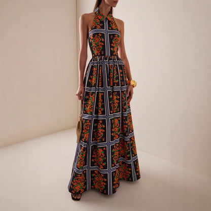 Summer Maxi Dress Sexy Backless Collared Printing Slip Dress