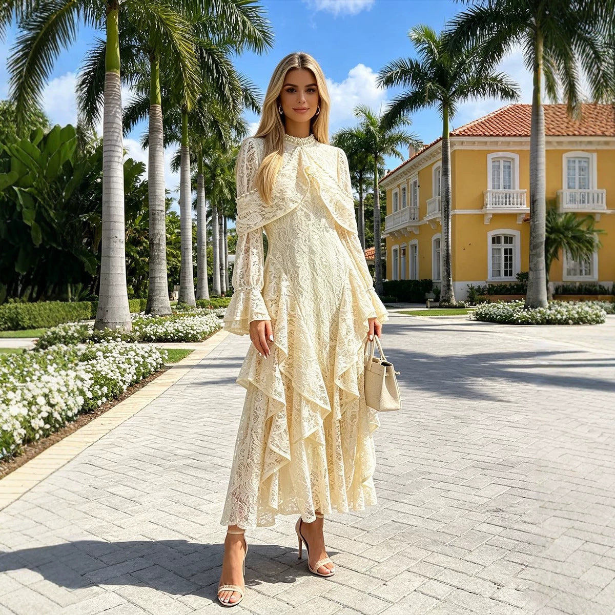 Summer Elegant Retro Cocktail Beaded Lace Bell Sleeve Dress Women Sailfish