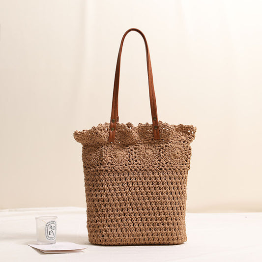 Bolso de mano de algodón tejido con un solo hombro y diseño floral, de paja y encaje, para vacaciones, playa, oficina y mujer. 