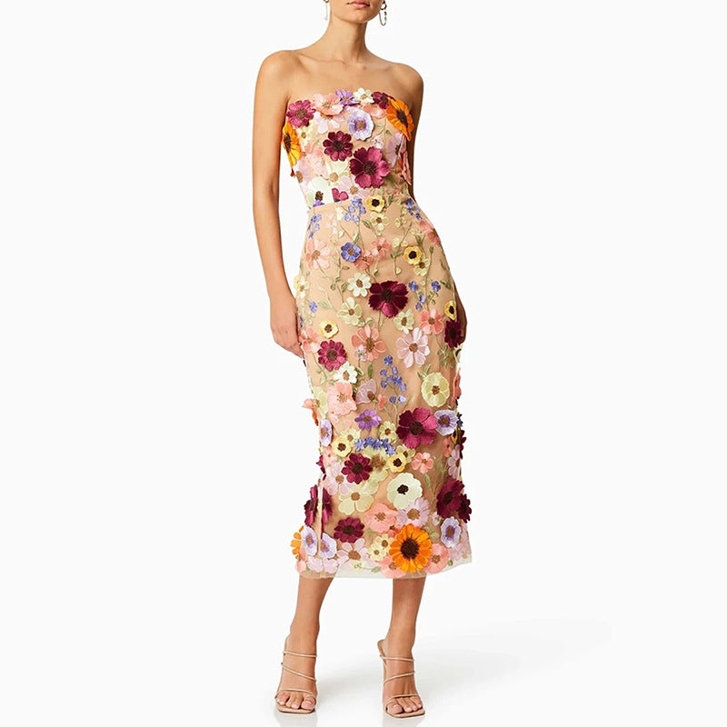 Elegante vestido elegante con bordado floral tridimensional, ajustado, top de tubo para mujer