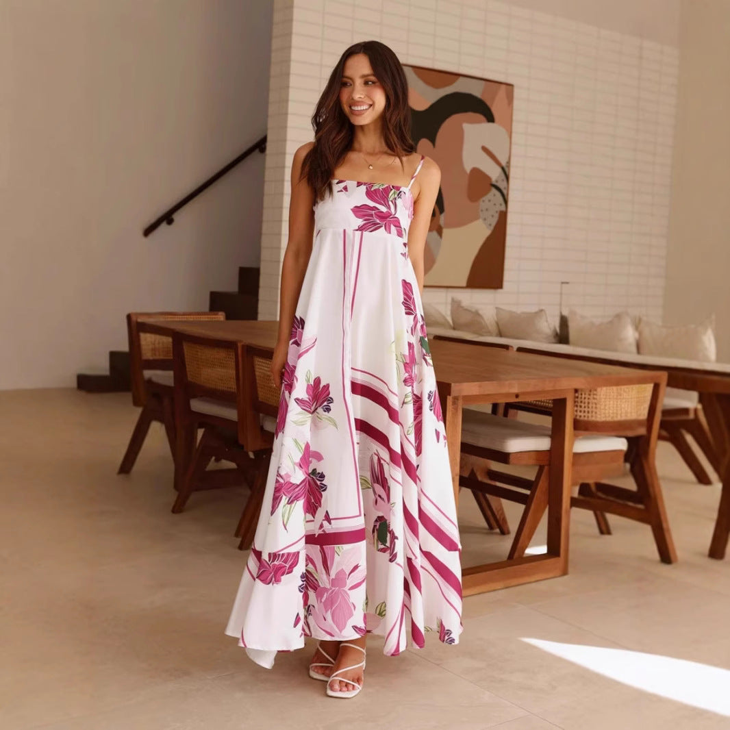 Printed Sling High Waist A line Dress Casual Vacation Spaghetti Straps Maxi Dress Zemy