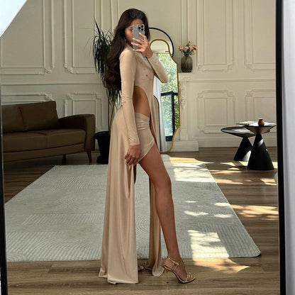 Women Clothing Fall round Neck Irregular Asymmetric with Personality Long Sleeve T shirt Solid Color Slim Skirt Set