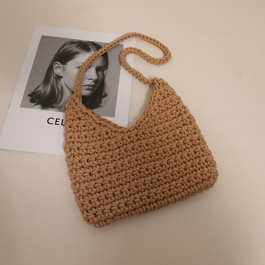Bolso de un solo hombro tejido con hilo de algodón, color liso, para mujer, informal, para playa y vacaciones. 