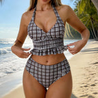 Women Plaid Strap Waist Cincher Slimming Bikini Swimsuit CSC