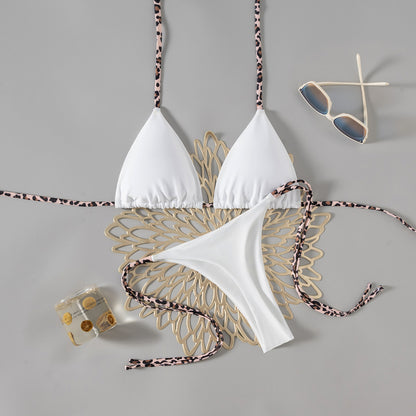 Bikini Contrast Color Lace Up Solid Color T Back Sexy Bikini Split Swimsuit for Women