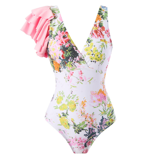 Ruffled One Piece Swimsuit Women Retro Swimsuit Bikini Mesh Beach Skirt Set