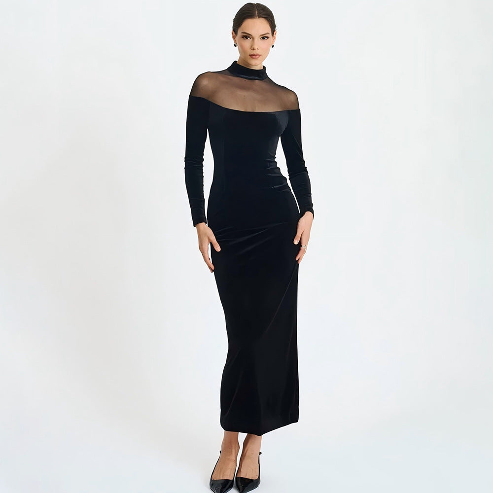 Robe moulante sexy unie en voile transparent pour l'automne et l'hiver