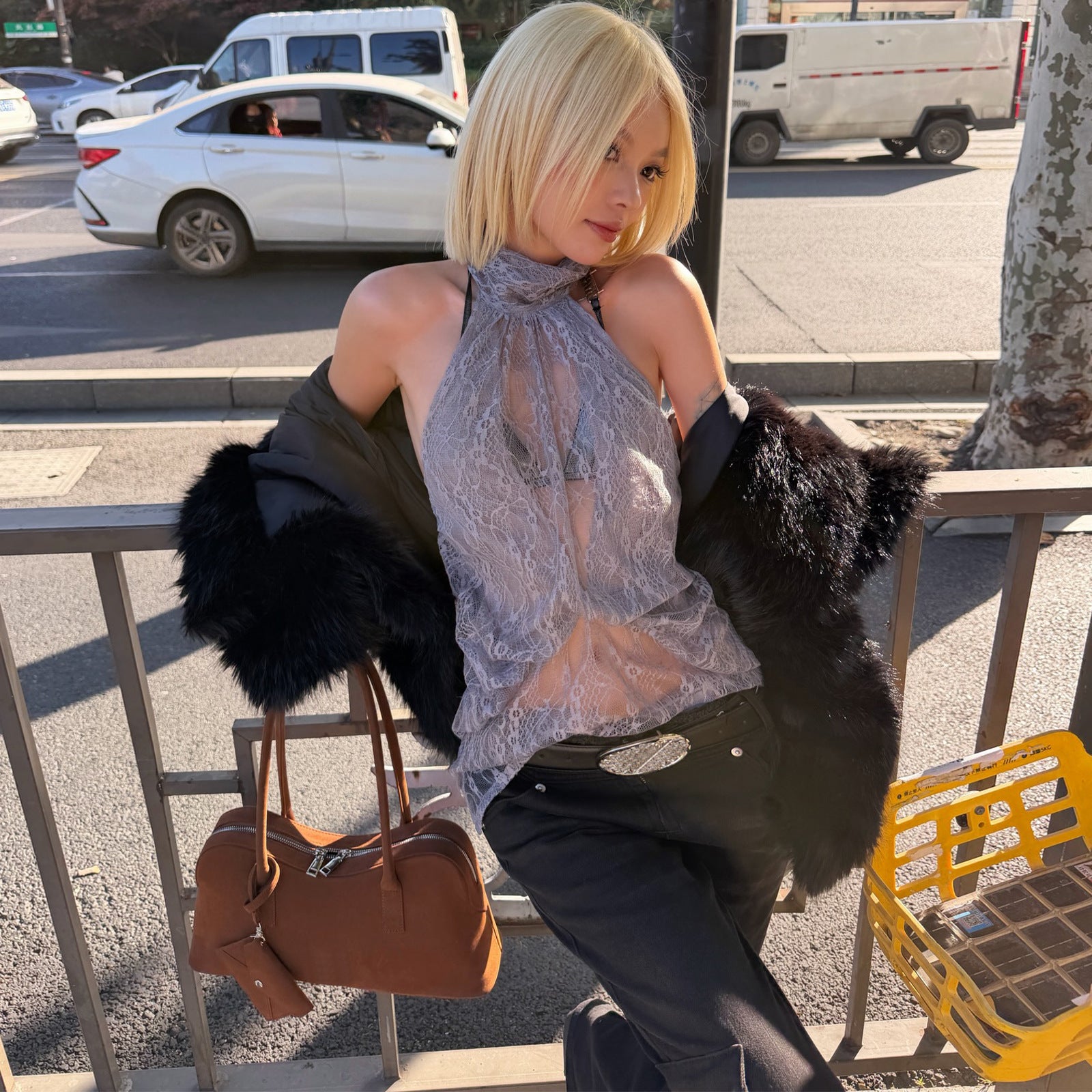 Women Clothing Summer Fashionable Chic High Neck Lace See Through Sleeveless Backless Irregular Asymmetric Top Burgatti
