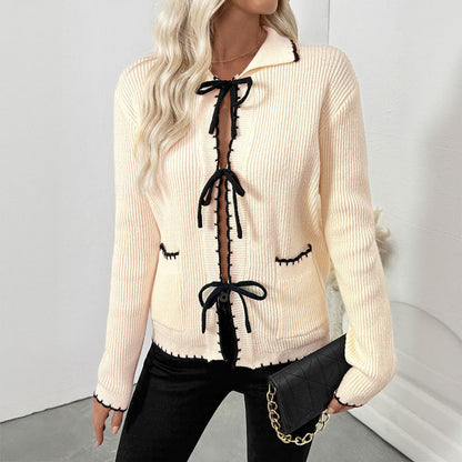Sweet Chanel Bow Lace up Turn down Collar Trim Contrast Color Sweater Women Cardigan