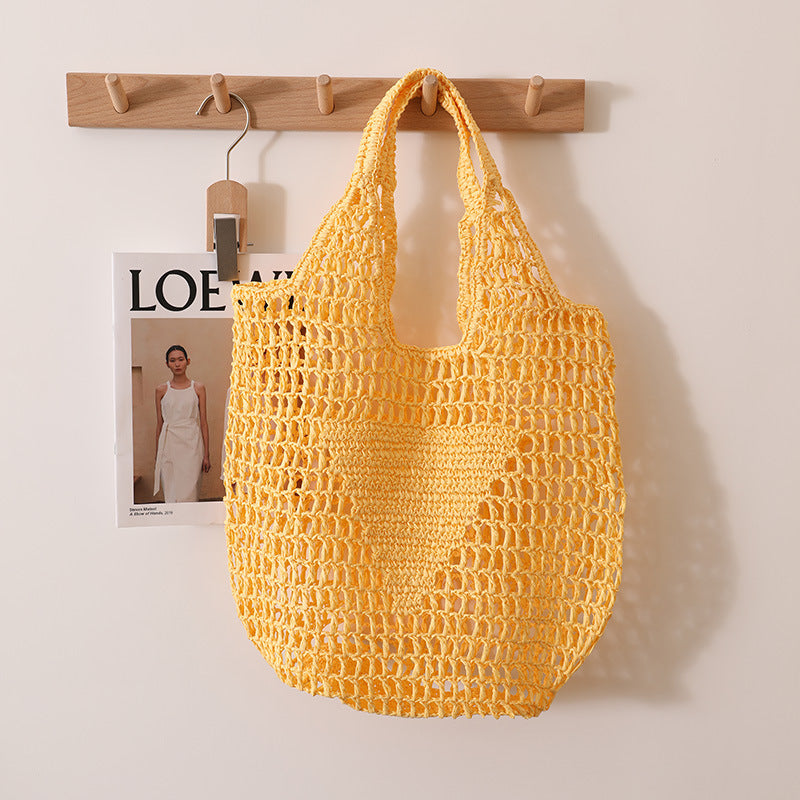 Large Capacity Hollow Out Cutout Straw Bag Fresh Candy Color One Shoulder Tote Woven Bag Portable Women Beach Bag EaseWoven