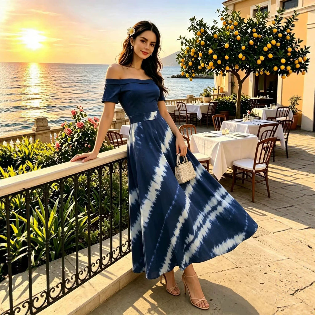 Printed Spring Summer off Shoulder Elegant Short Sleeve Slim Women Dress Inly