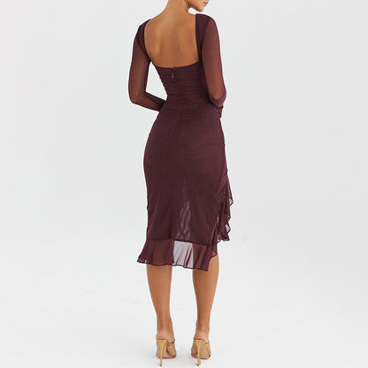 Autumn Sexy Trend Round Neck Slim Fit Long Sleeved Mesh Stitched Backless Sheath Dress