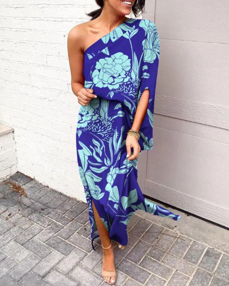 Vestido elegante con hombros oblicuos y mangas de un solo lado para mujer