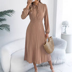 Women Clothing Spring Summer Elegant Lace up Lantern Sleeve Long Pleated Dress BAGIISA