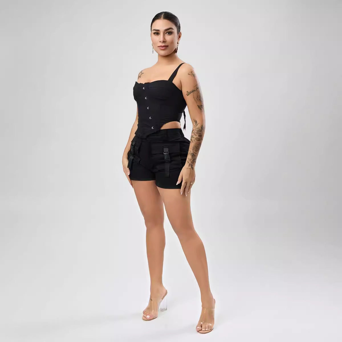 Top sexy sin estiramiento de un solo hombro con cordones y botonadura sencilla, corsé con varillas, chaleco asimétrico irregular