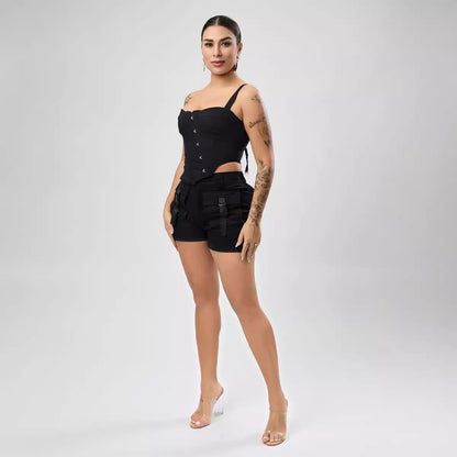 Top sexy sin estiramiento de un solo hombro con cordones y botonadura sencilla, corsé con varillas, chaleco asimétrico irregular