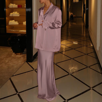 Spring Autumn Satin High Grade Half Length Skirt Set Collared Long Sleeve Top Office Two Piece Set