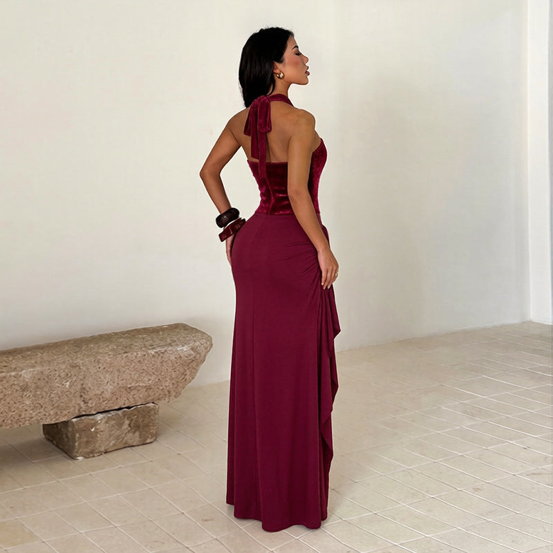 Halter Sequined Elegant Dress Sexy Split Pleated Dress for Women WHATOWEAR
