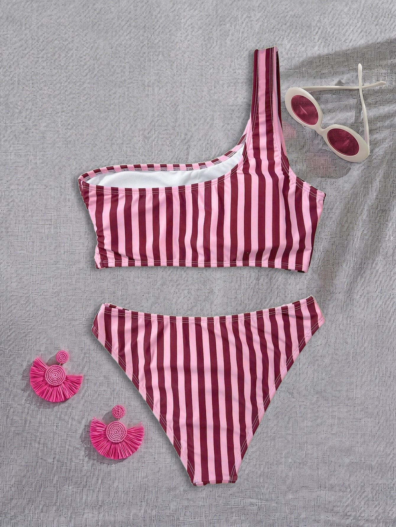 Bikini Pink Striped One Shoulder Tube Top Bikini Sexy Backless Low Waist Split Swimsuit WithWind